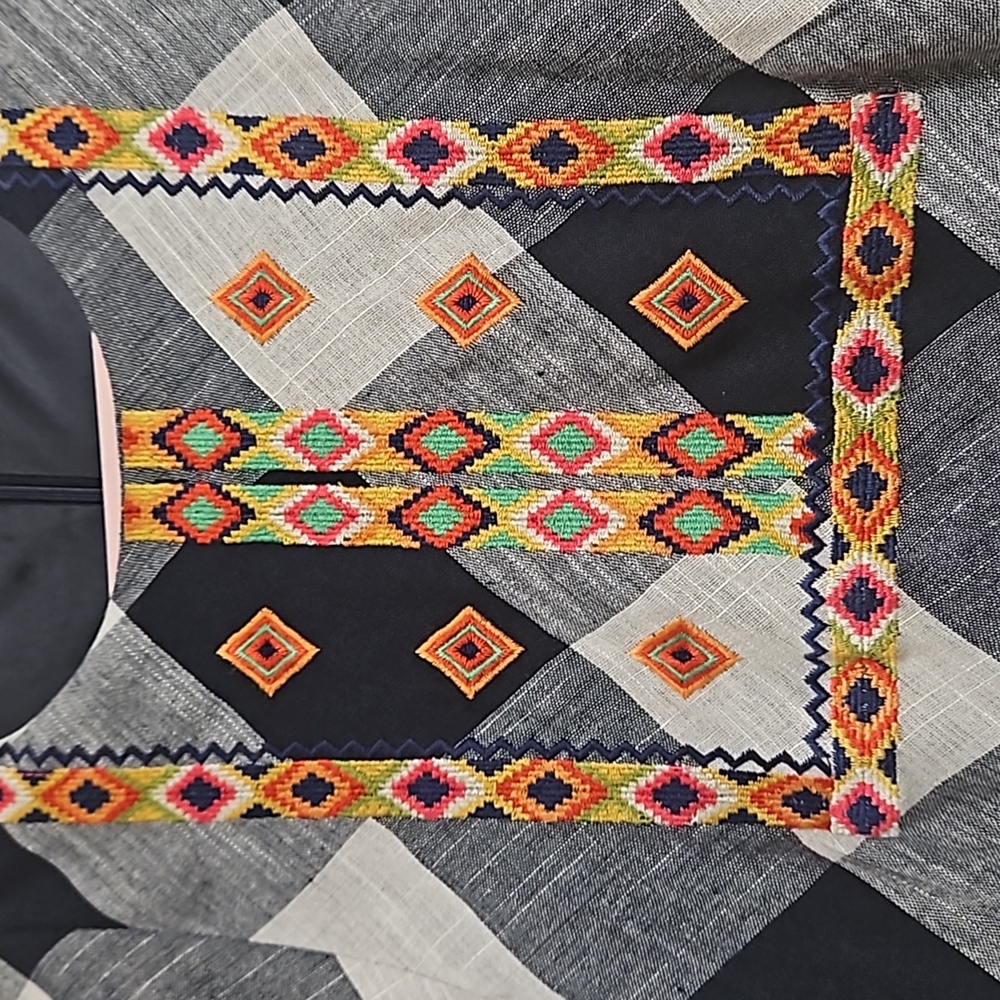 THML Checkered embroidered fringe sleeves dress women's size Medium - Picture 5 of 12